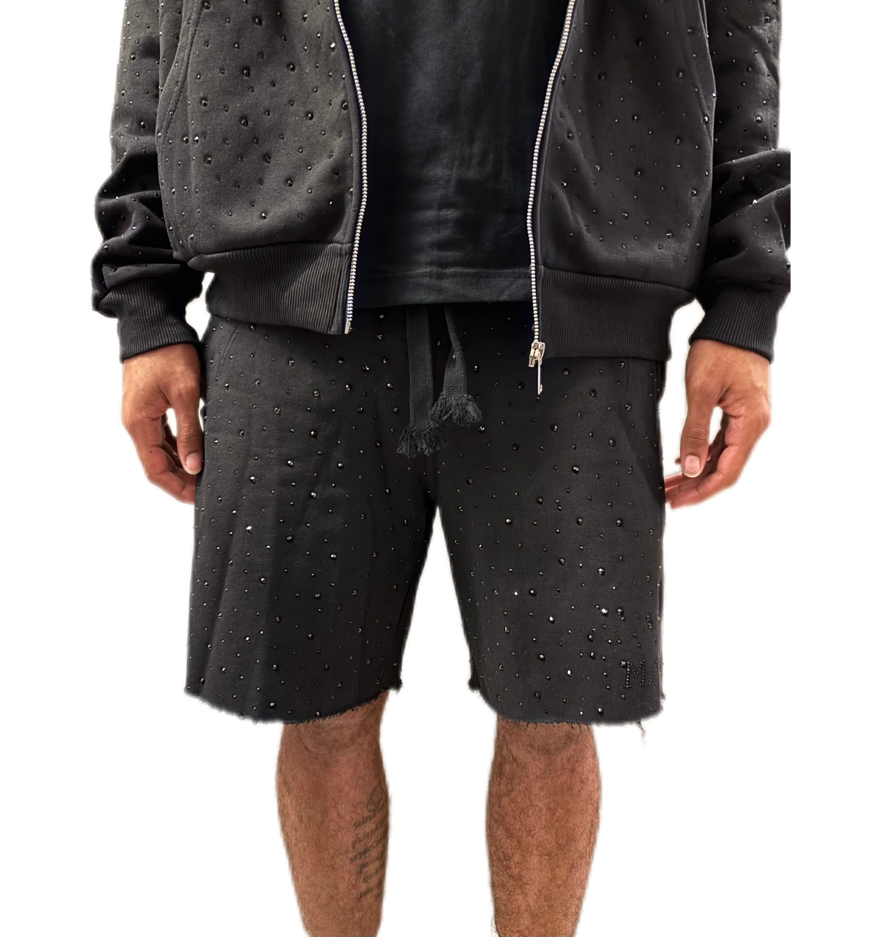 MANI Covered Rhinestone Sweat Shorts "Jet Black"
