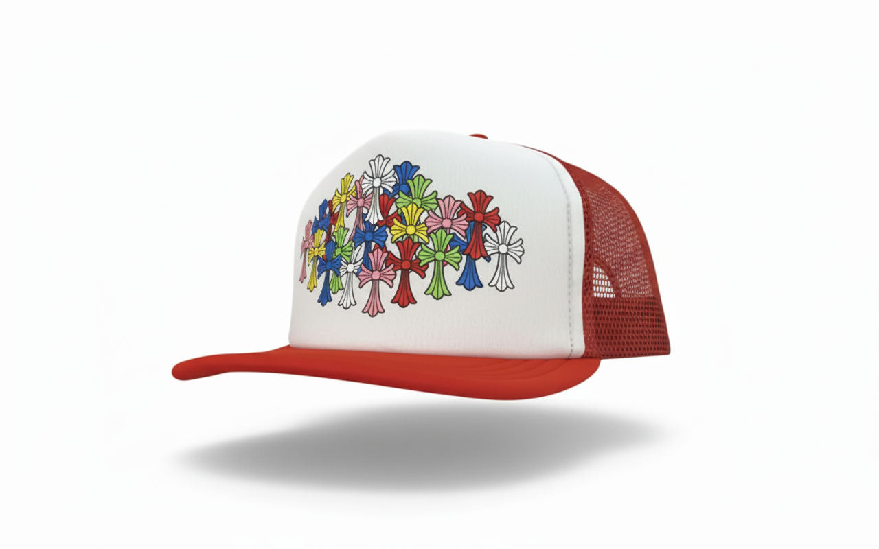 Chrome Hearts Multi-Color Cross Trucker Hat – Red/White