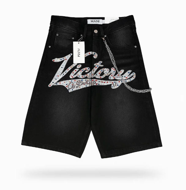 MANI Varsity Denim Shorts Victory Or Death
