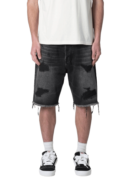 MNML Baggy Rip Denim Shorts Washed Black