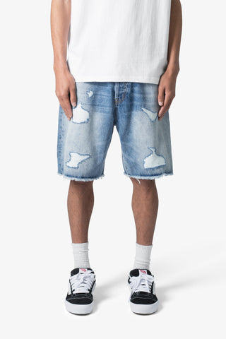 MNML Baggy Rip Denim Shorts Vintage Blue