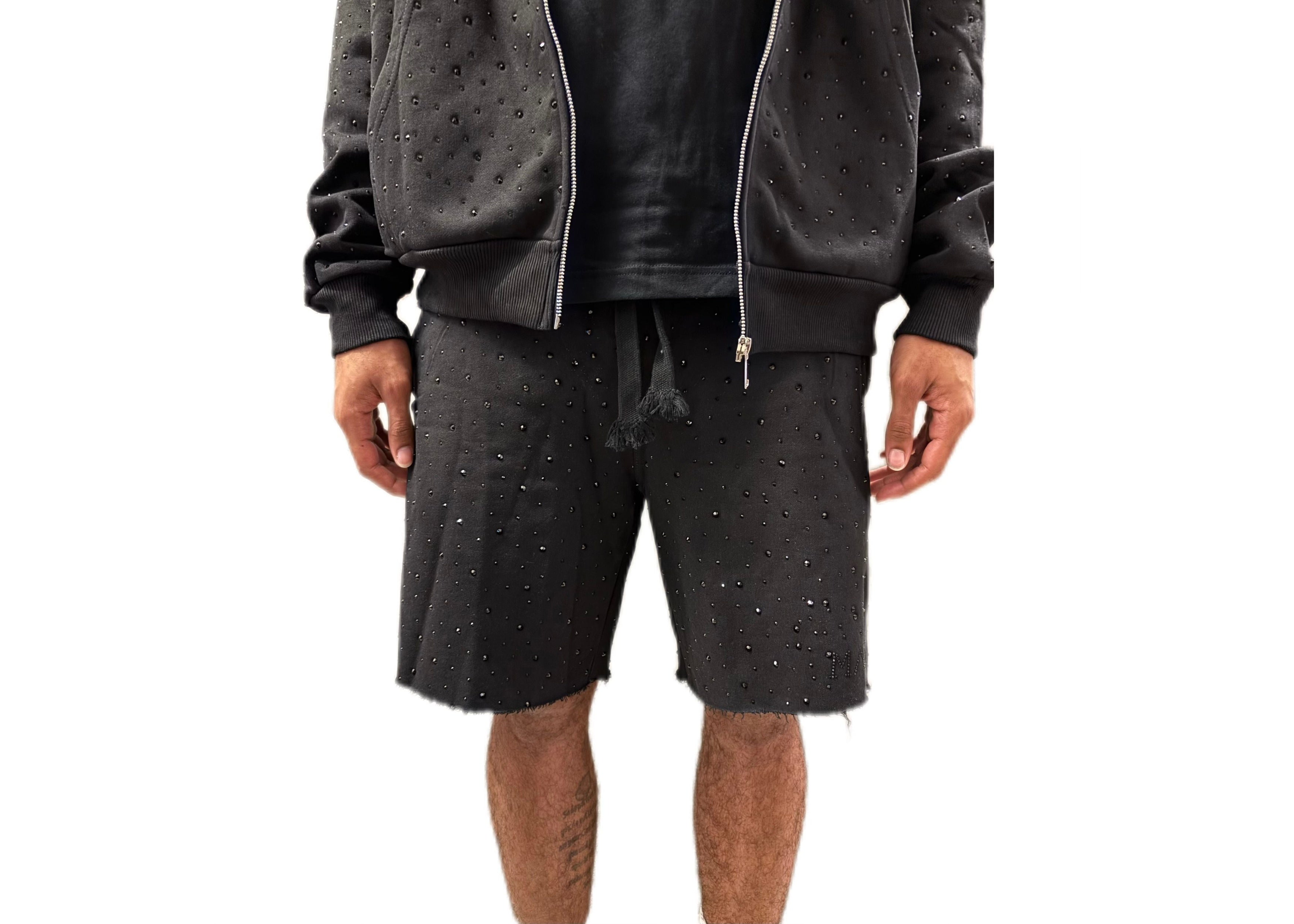 MANI Covered Rhinestone Sweat Shorts "Jet Black"
