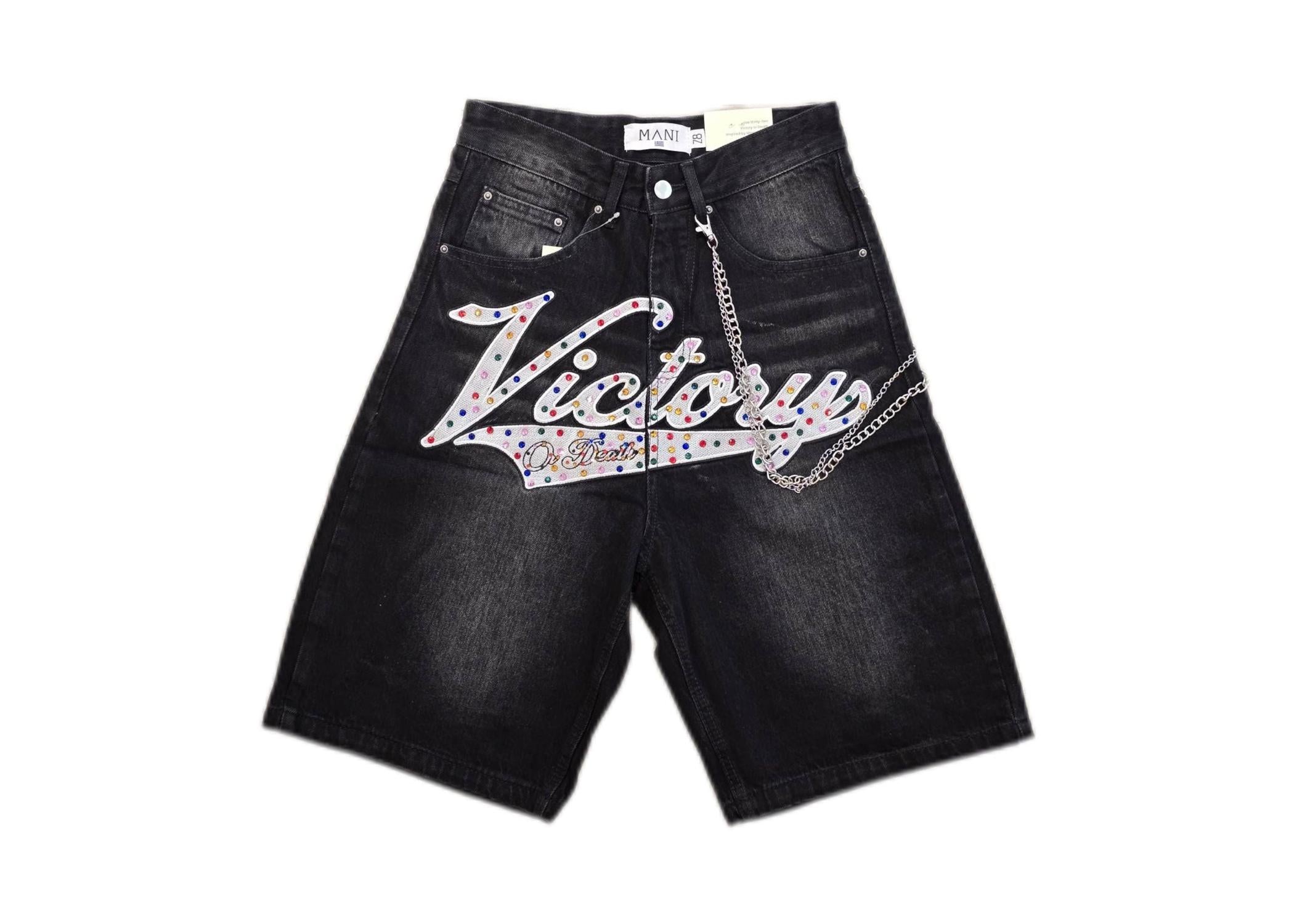MANI Varsity Denim Shorts Victory Or Death