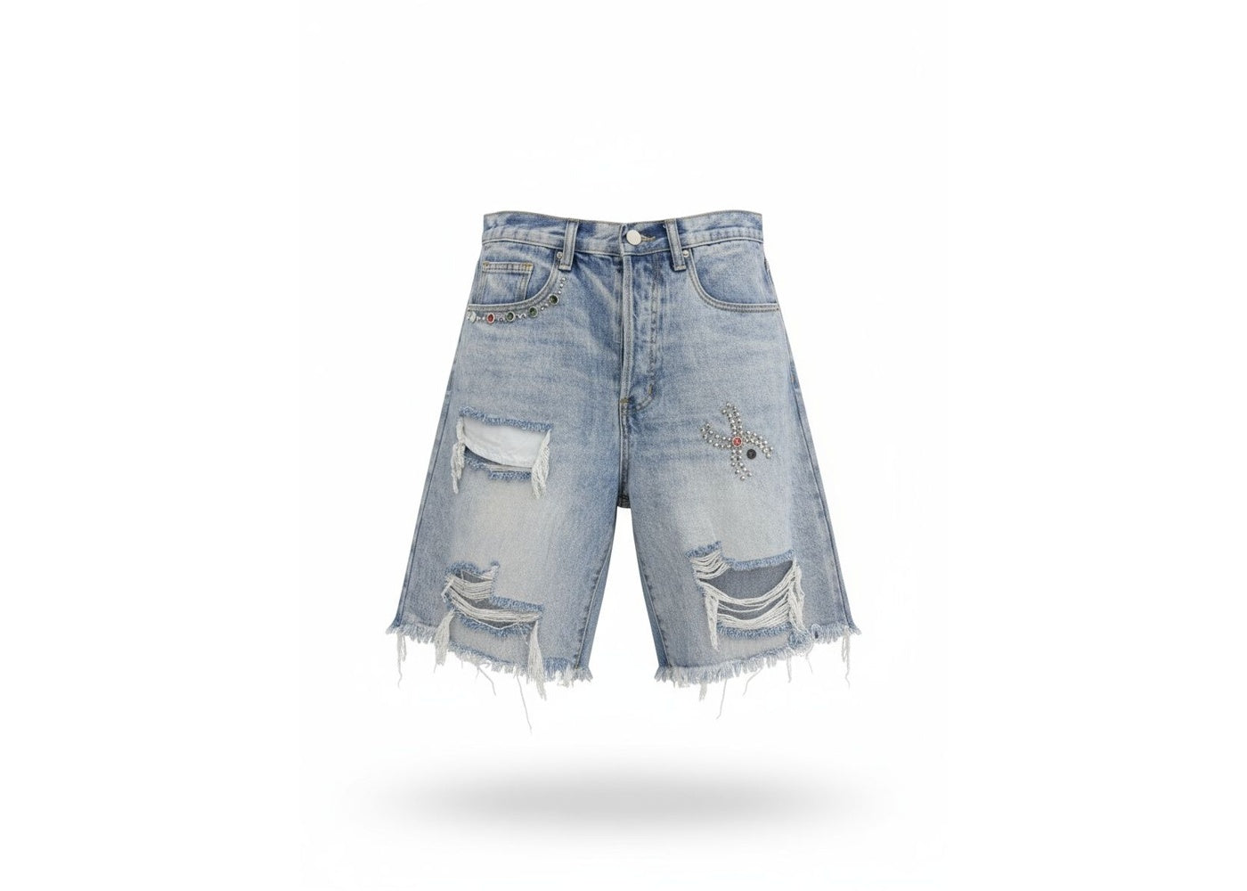 MNML Distressed Spider Denim Shorts Light Blue