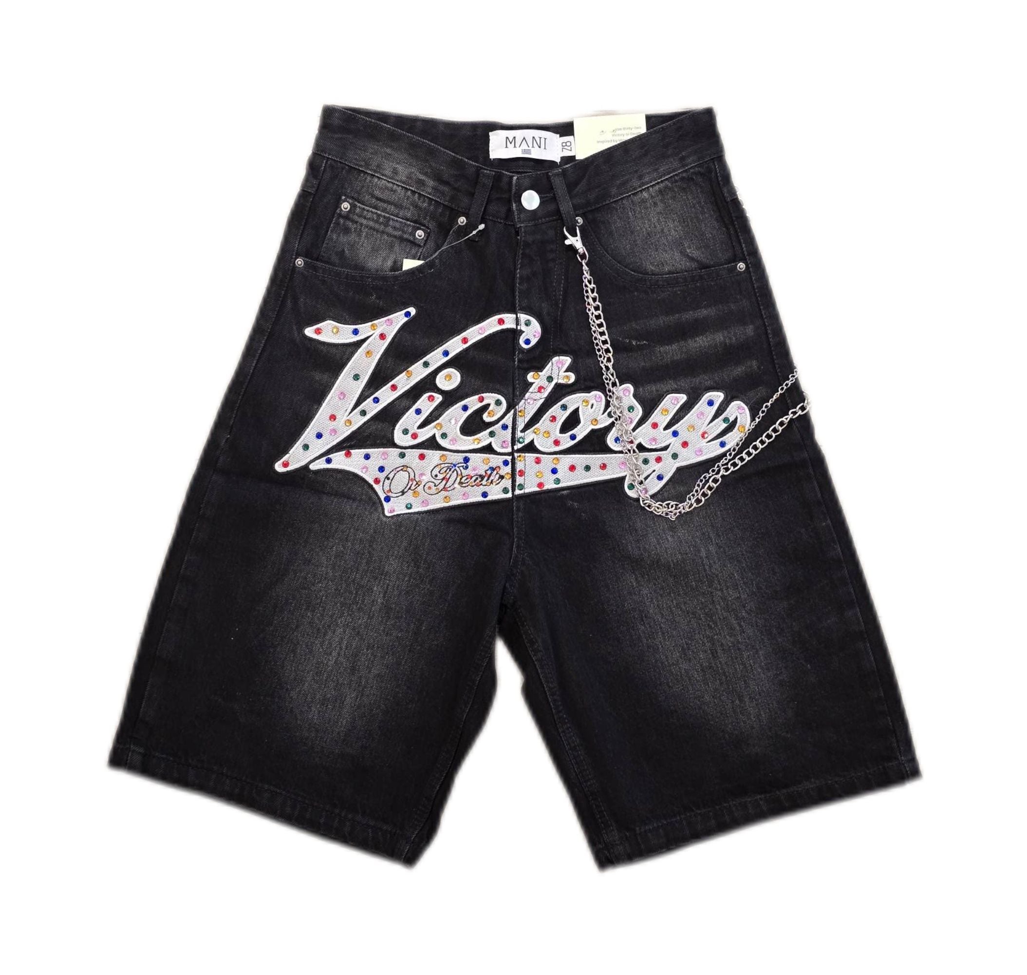 MANI Varsity Denim Shorts Victory Or Death